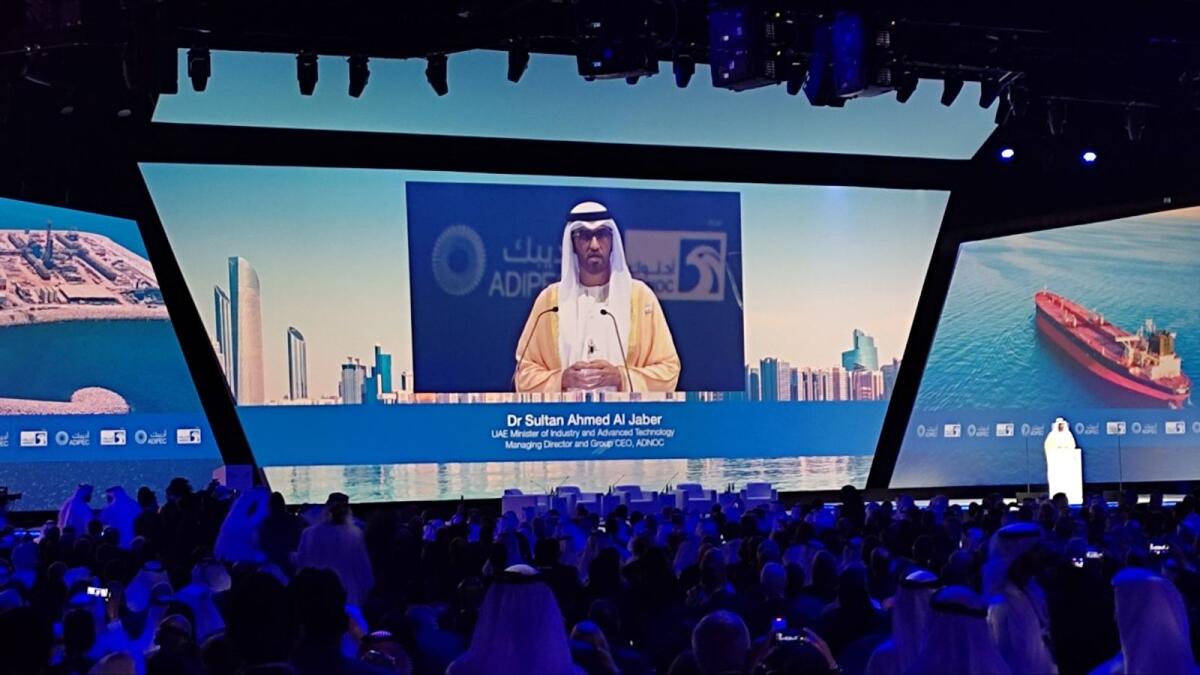 Dr Sultan Ahmed Al Jaber, Minister of Industry and Advanced Technology, addressing the 38th edition of the Abu Dhabi International Petroleum Exhibition Conference in Abu Dhabi on Monday.