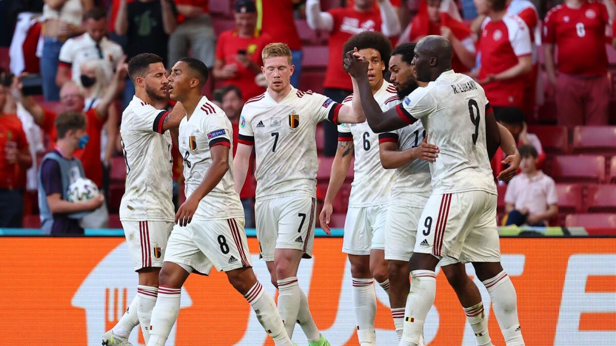 Belgium's Kevin De Bruyne (7) celebrates after scoring his goal against Denmark. (AP)