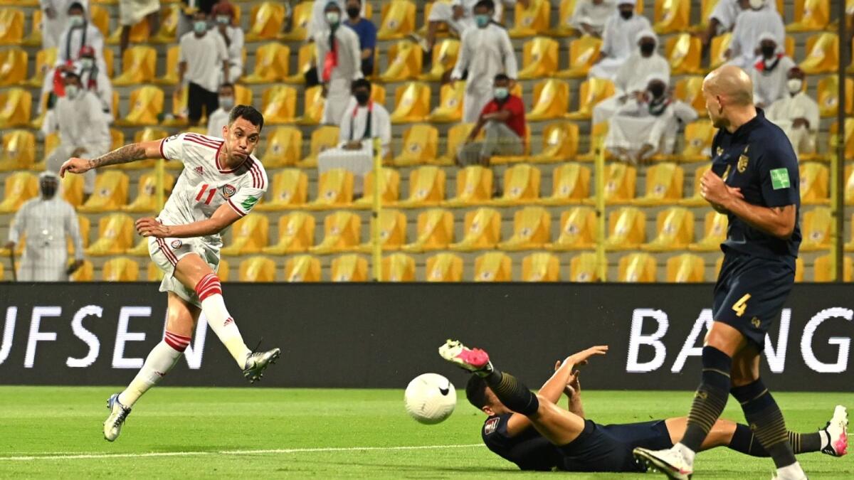 The UAE's Caio Canedo (11) scores the first goal against Thailand on Monday. (Photo by Juidin Bernarrd)