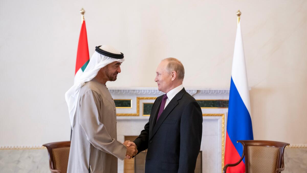 Sheikh Mohamed bin Zayed Al Nahyan with Vladimir Putin. — Wam