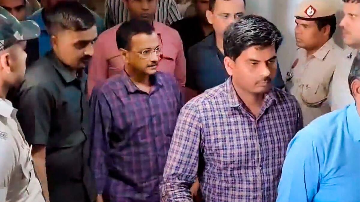 Delhi Chief Minister Arvind Kejriwal being produced before the Rouse Avenue Court, in New Delhi on Friday. Photo: PTI
