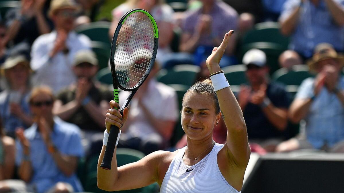 Belarus's Aryna Sabalenka celebrates winning against Colombia's Maria Camila Osorio Serrano during their women's singles third round match on the fifth day of the 2021 Wimbledon Championships. — AFP