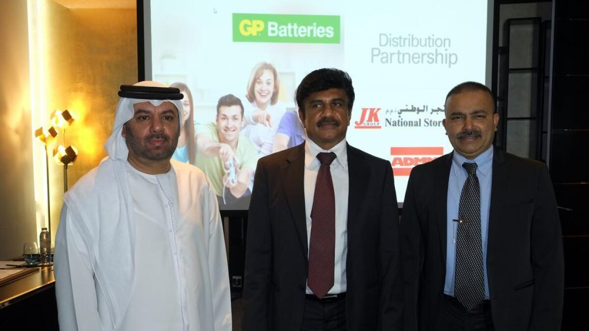 Salah Khoory, Lalu Samuel and Ashok Kaushik at the launch of 'Travo Safe' power banks by GP Batteries.