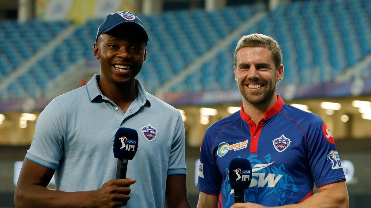 Delhi Capitals' South African fast bowlers Kagiso Rabada and Anrich Nortje. (BCCI)