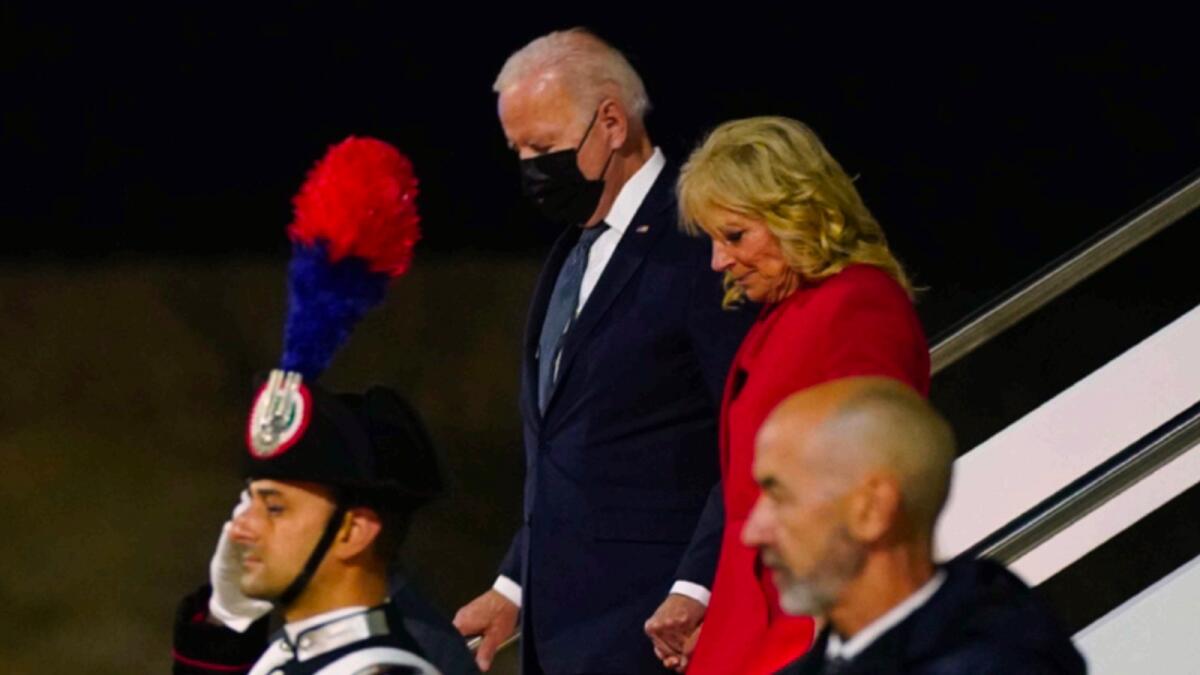 US President Joe Biden and first lady Jill Biden arrive at Rome's Fiumicino International Airport to attend the G-20 leaders meeting. – AP