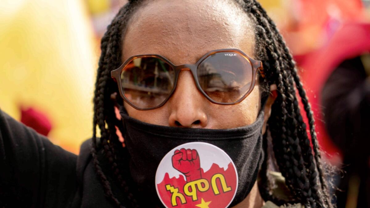 A woman participates in a protest march to mark a year since Ethiopia Prime Minister Abiy Ahmed's administration started fighting against Tigray, in Washington. — AP