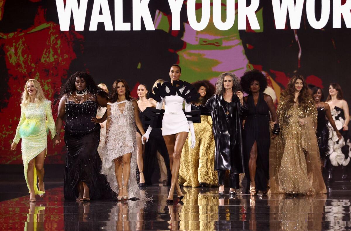 Yseult Onguenet, Eva Longoria, Cindy Bruna, Andie MacDowell, Viola Davis and Aishwarya Rai Bachchan attend a public show named 'Walk Your Worth'. Photo: Reuters