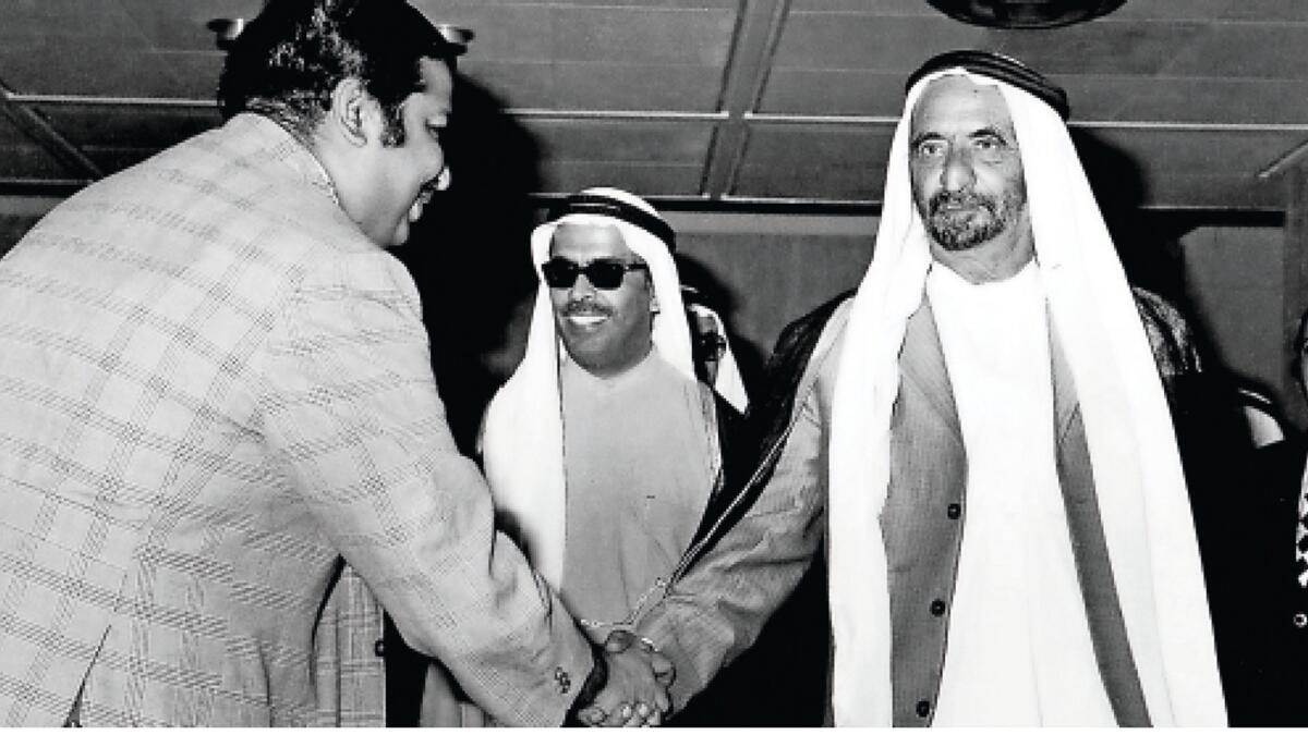 Meeting late Sheikh Rashid bin Saeed Al Maktoum at the first trade fair organised by Dubai Chamber of Commerce and Industry in the late 1960s. Saif Al Ghurair, first President of Dubai Chamber of Commerce and Industry, is in the centre.