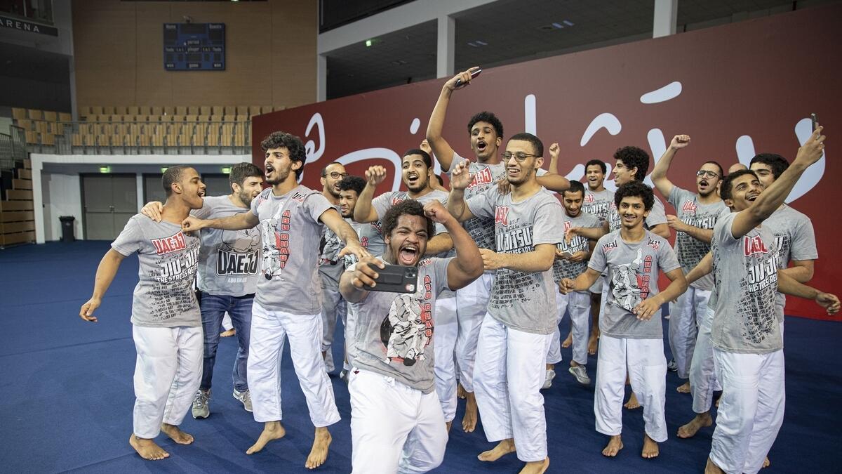 Mohammed Al Qubaisi’s Al Abyad team celebrate after winning the Jiu-Jitsu Champions Challenge on Thursday. — Supplied photo