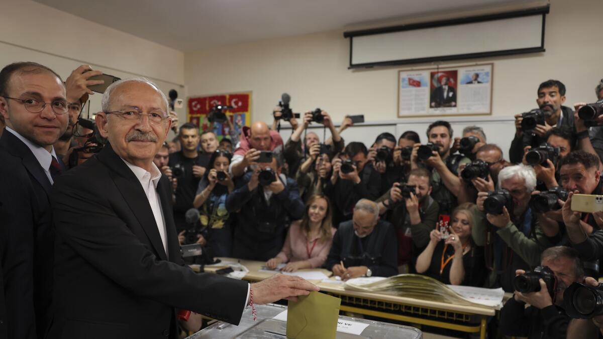 Kemal Kilicdaroglu, the 74-year-old leader of the Republican People's Party, or CHP, votes at a polling station in Ankara. — AP