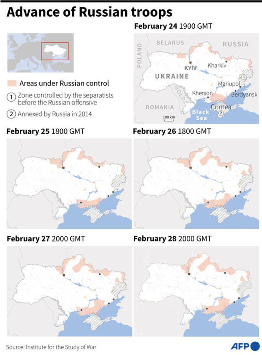 Maps of Ukraine comparing areas under Russian control as of February 24 to February 28 at 2000 GMT - AFP