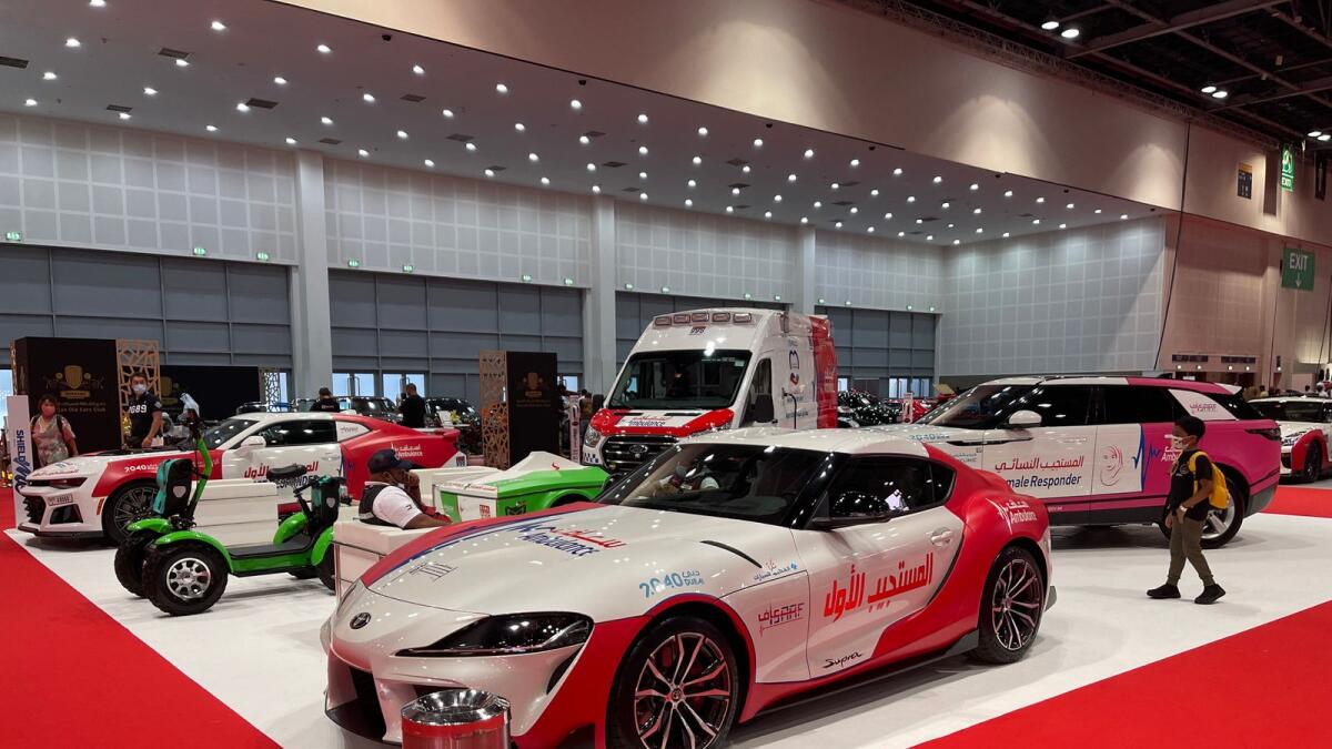 Dubai Ambulance Corporation vehicles at Custom Show Emirates at the Dubai World Trade Centre. It was the first time government units participated at the event.