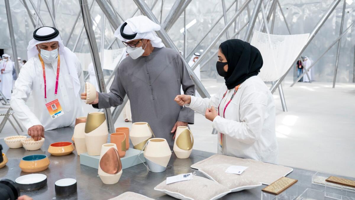 Sheikh Mohamed bin Zayed Al Nahyan visits the Bahrain Pavilion at EXPO 2020 Dubai. — Wam