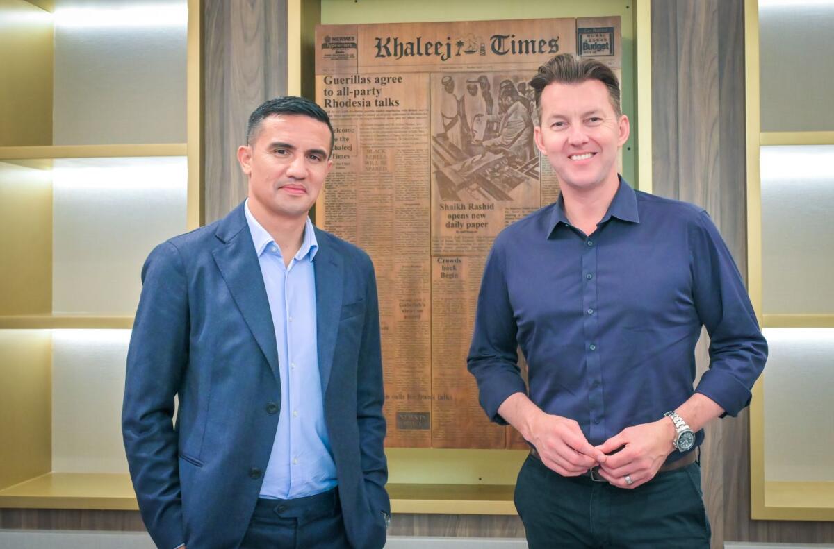 Australian sports icons Brett Lee (right) and Tim Cahill at the Galadari headquarters in Dubai on Monday. (Photo by Rahul Gajjar)
