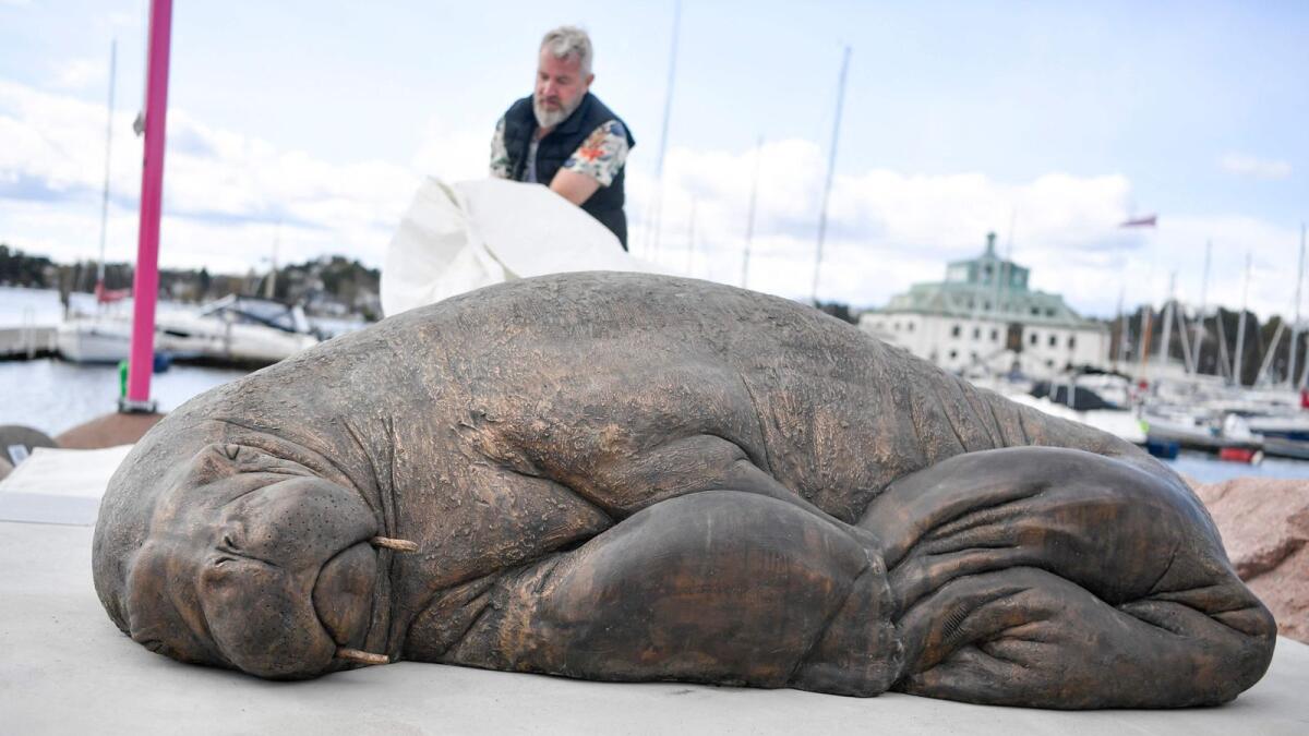 A bronze sculpture created by artist Astri Tonoian in memory of Freya the walrus is being unveiled on April 29, 2023 in Oslo, Norway. — AFP