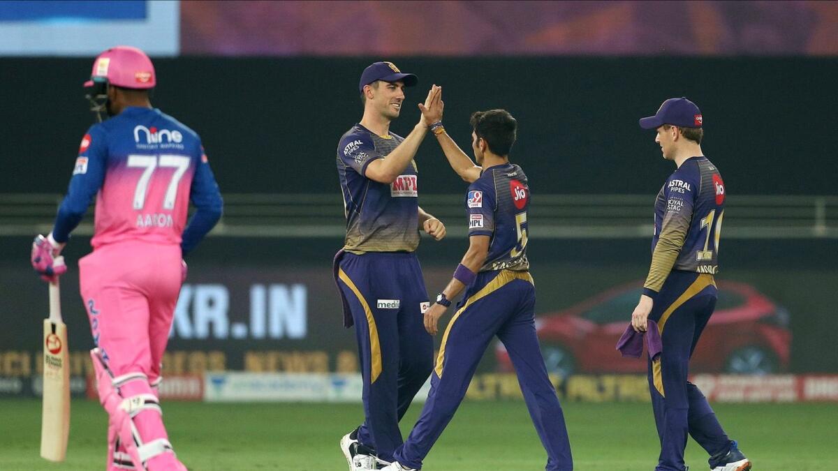 Kolkata Knight Riders captain Eoin Morgan along with other players celebrate after defeating Rajasthan Royals. -- IPL