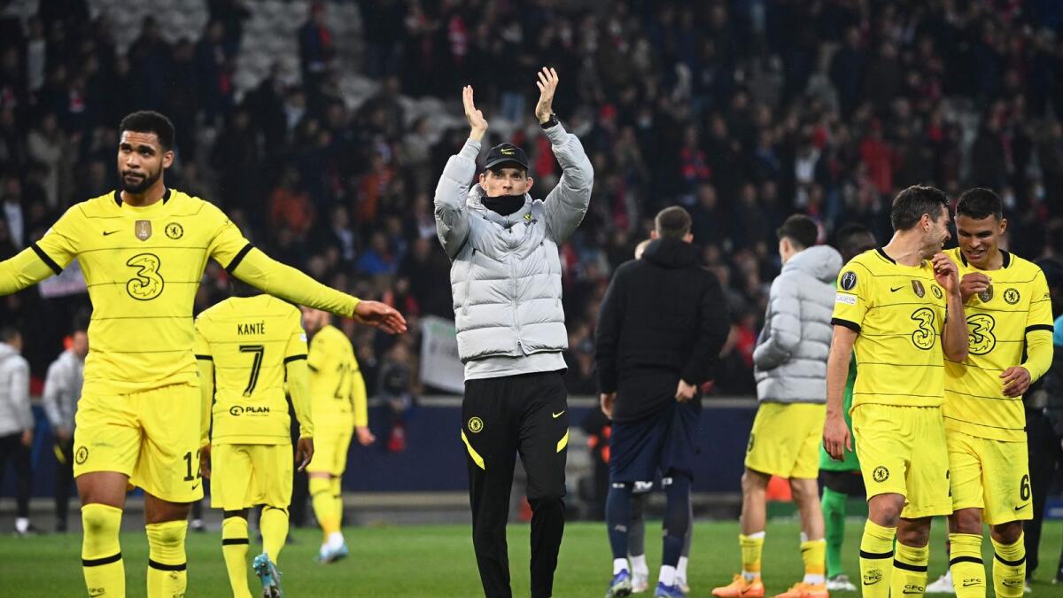 Chelsea's coach Thomas Tuchel (centre) celebrates after they beat Lille. — AFP