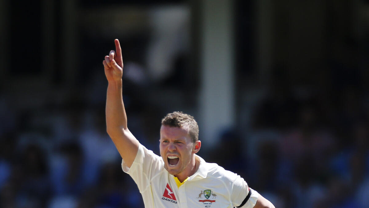 Australias Peter Siddle celebrates after dismissing England opening batsman Adam Lyth on the third day of the Fifth and final Ahses match on Saturday.  