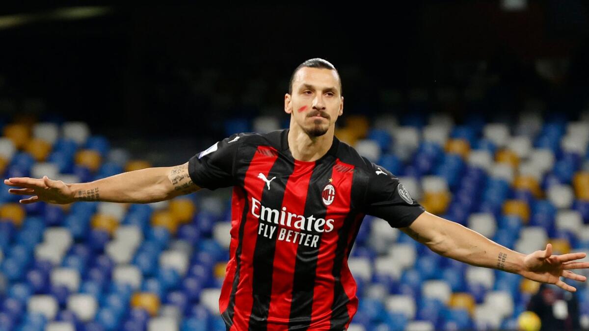 AC Milan's Zlatan Ibrahimovic celebrates scoring their first goal. (Reuters)