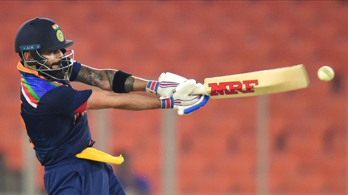 Virat Kohli plays a shot during fifth and final T20 match against England. — PTI