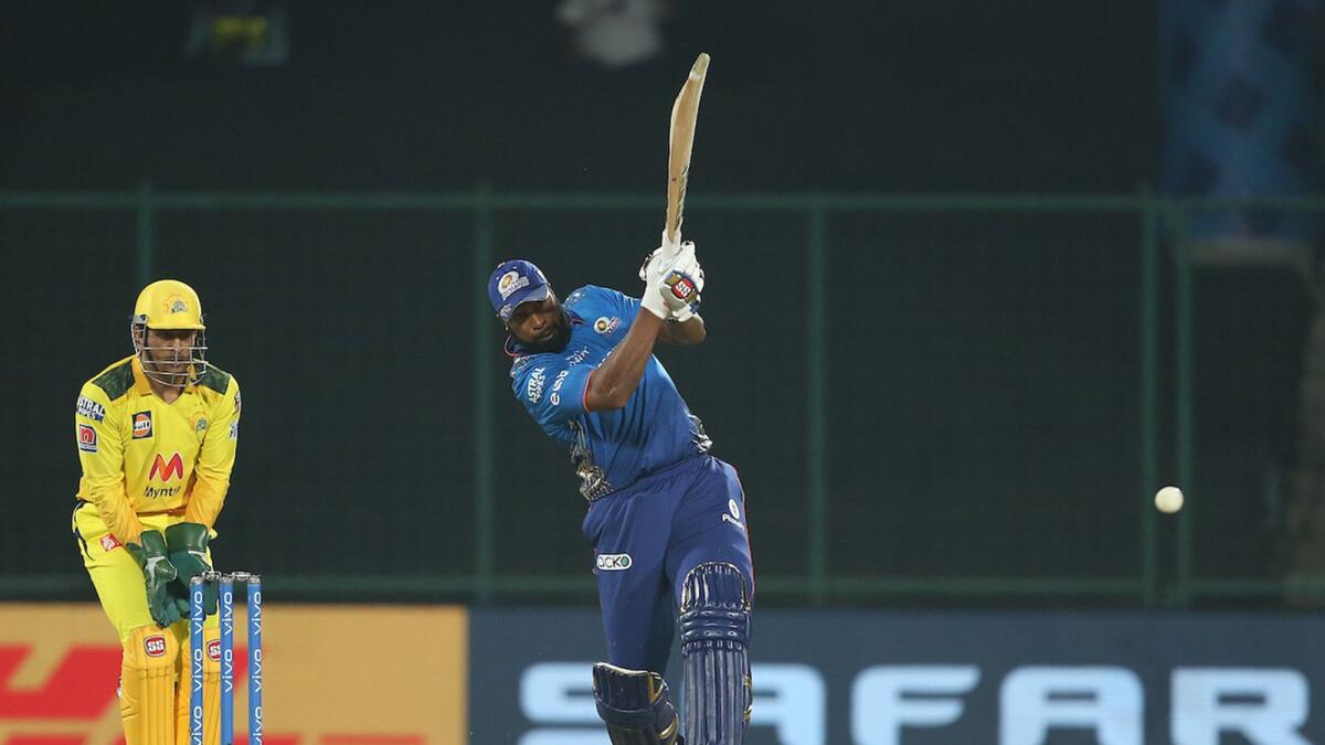 Kieron Pollard of the Mumbai Indians plays a shot against the Chennai Super Kings in New Delhi on Saturday night. — BCCI/IPL