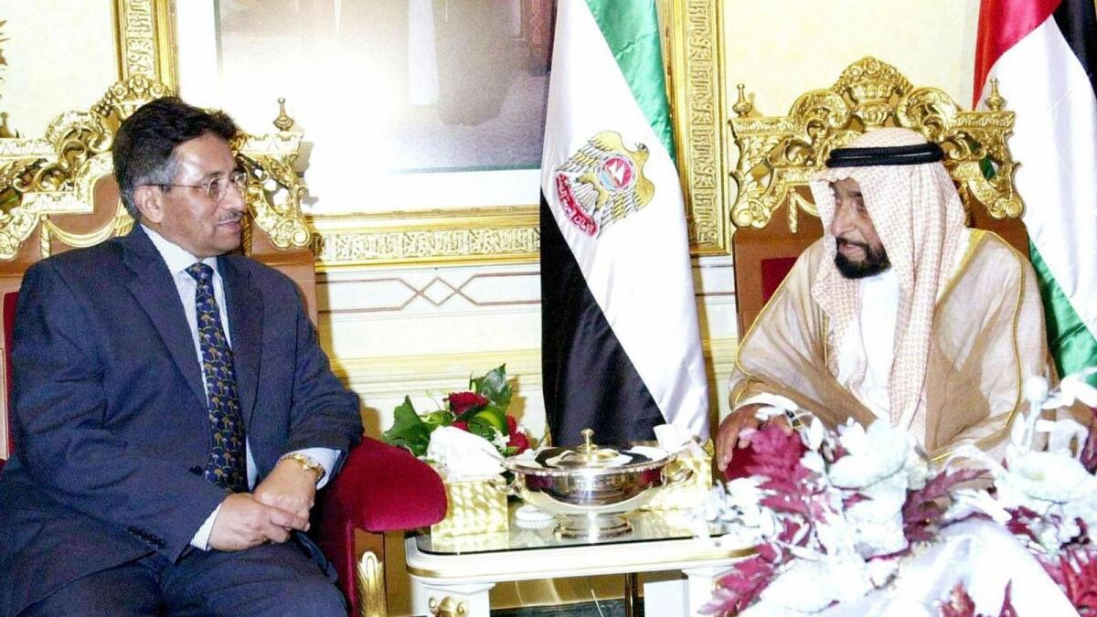 Pervez Musharraf is seen here with late Sheikh Zayed bin Sultan Al Nahyan, former president of the UAE
