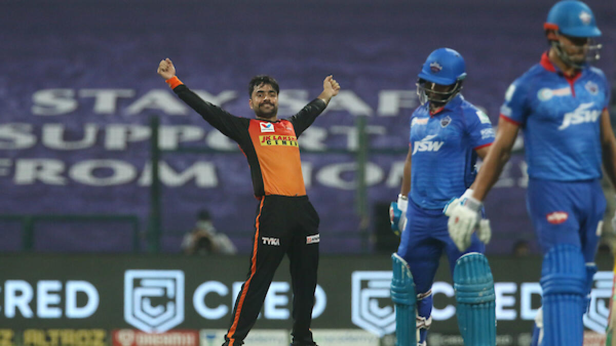 Sunrisers Hyderabad leg spinner Rashid Khan celebrates the wicket of Rishabh Pant on Tuesday night. - BCCI/IPL