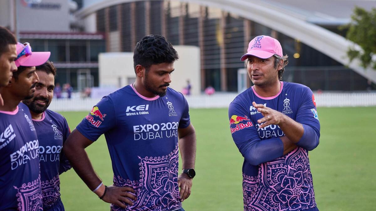 Kumar Sangakkara, Rajasthan Royals’ Director of Cricket, with the players during a training session in Dubai. — Picture courtesy Rajasthan Royals
