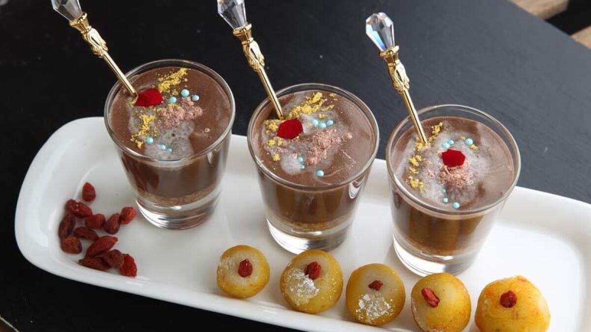 CARDAMOM CHOCOLATE MOUSSE WITH ALMOND BALLS