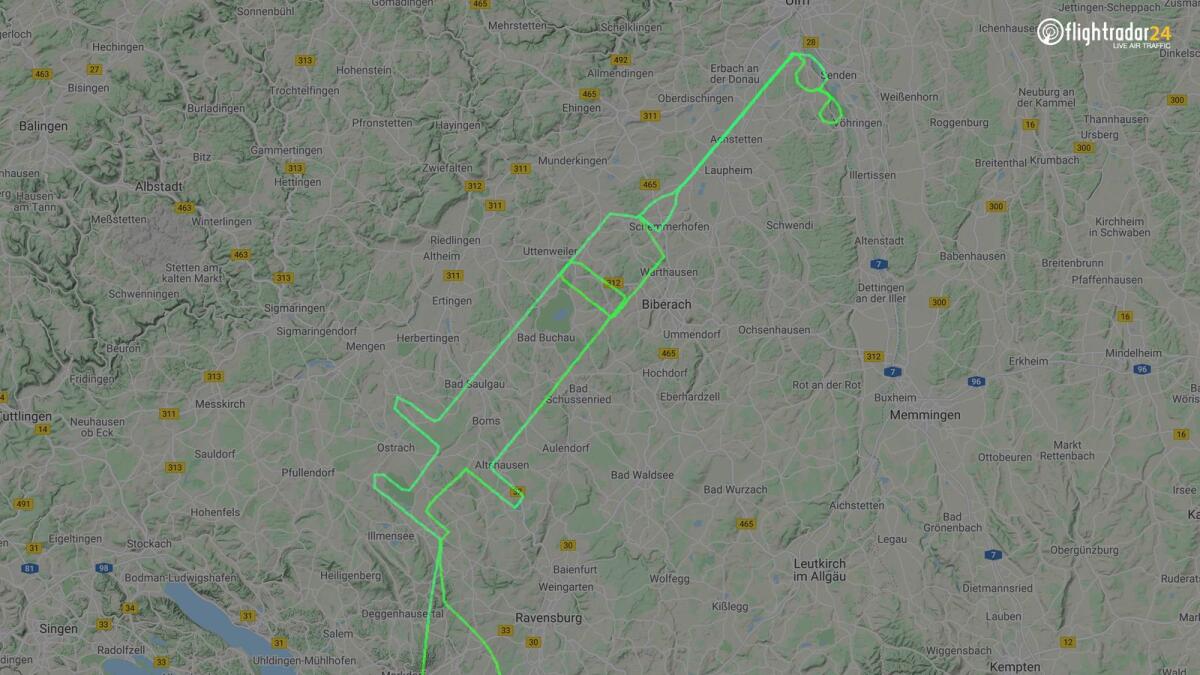 A flightradar24.com handout photo shows the flight track for a D-ENIG plane that traced a syringe on the maps in Germany to celebrate the arrival of a Covid-19 vaccine.