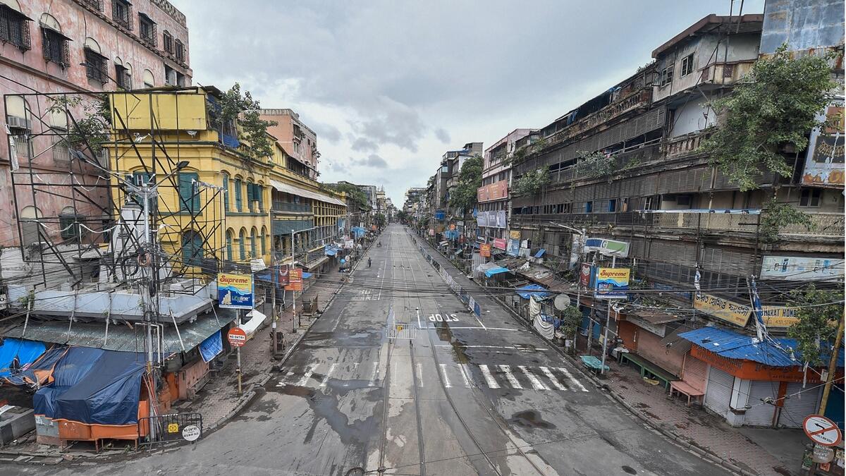 Burrabazar wears a deserted look during the complete biweekly lockdown to curb Covid-19 spread, in Kolkata, India. Photo: PTI