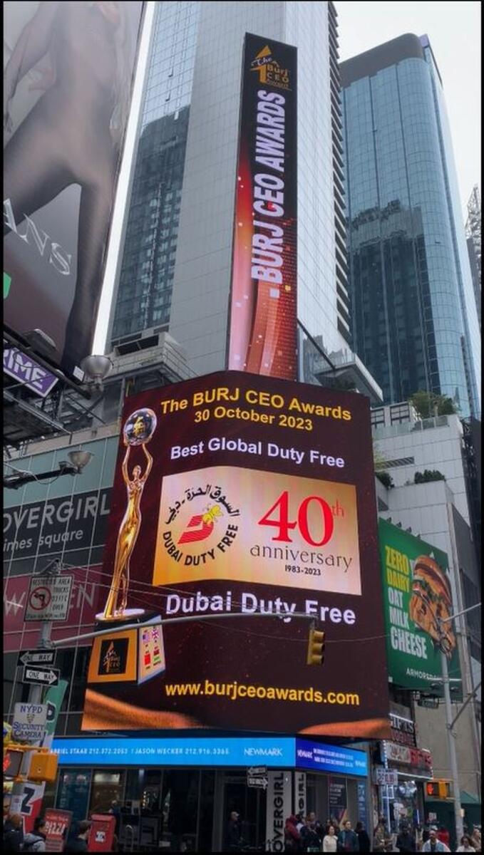 Dubai Duty Free 40th anniversary logo was displayed on a digital screen in New York’s iconic Times Square. - Supplied photo