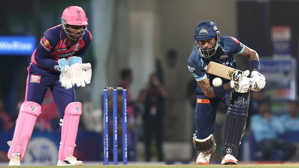Hardik Pandya of the Gujarat Titans plays a shot during the match against the Rajasthan Royals. (BCCI)
