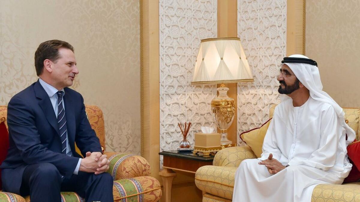 His Highness Shaikh Mohammed bin Rashid Al Maktoum, Vice-President and Prime Minister of the UAE and Ruler of Dubai receives Pierre Krahenbuhl