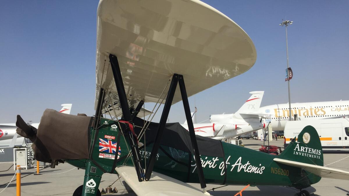 Tracy Curtis Taylor, 53, is making a stop in Dubai as part of a 12 to 14 week, 21,000 kilometer solo-flight in her Boeing Stearman “Spirit of Artemis” biplane, which began on October 1st at Farnborough Airport in Hampshire, UK. Supplied photo