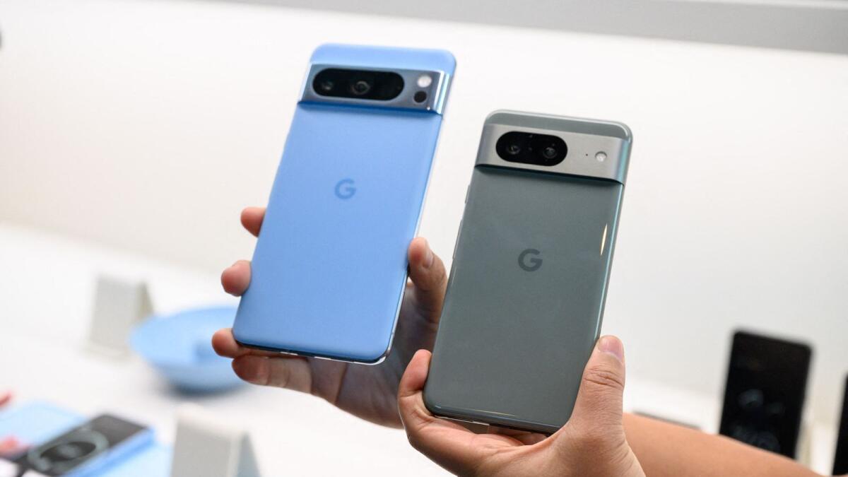 Google Pixel 8 and Google Pixel 8 Pro phones are displayed during a Google product launch event in New York on Wednesday. — AFP