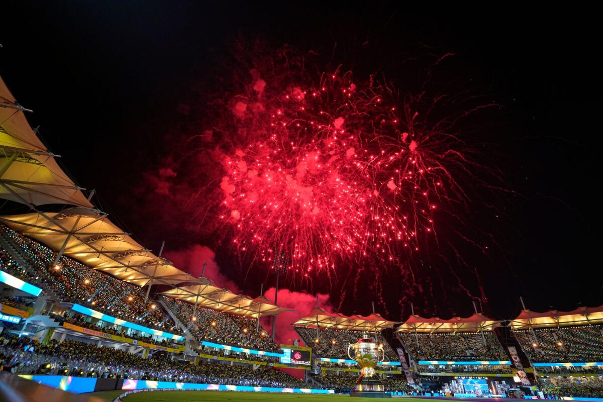 Fireworks explode during the opening ceremony of Indian Premier League (IPL) 2024, at MA Chidambaram Stadium, in Chennai. - PTI