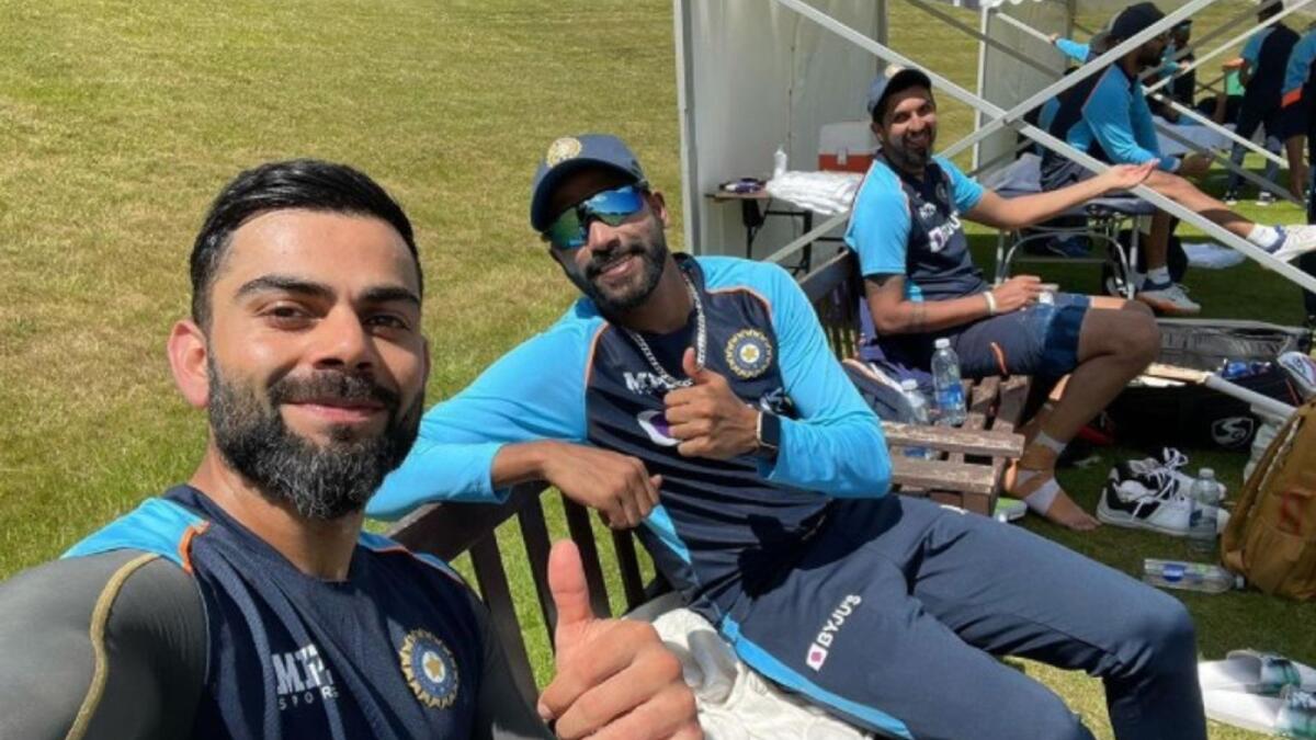 Indian captain Virat Kohli with Mohammed Siraj and Ishant Sharma during a training session. (Twitter)