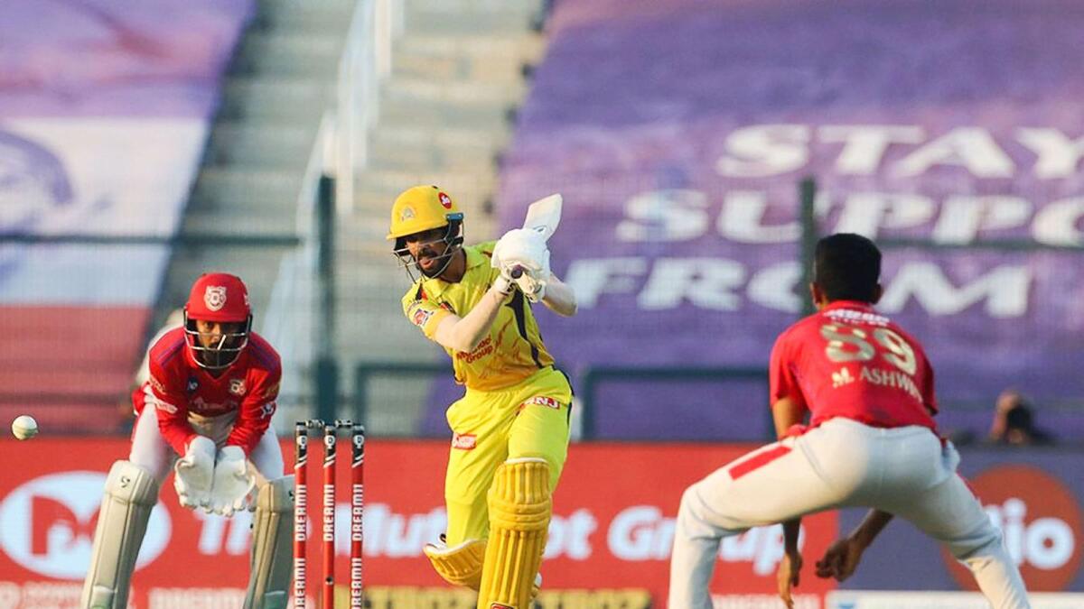 Ruturaj Gaikwad of Chennai Super Kings plays a shot during the IPL match against Kings XI Punjab.— IPL