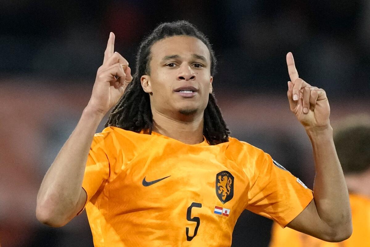Netherlands' Nathan Ake celebrates scoring his side's second goal during the Euro 2024 qualifier against Gibraltar in Rotterdam. — AP