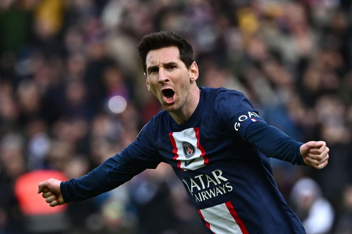 Paris Saint-Germain's Lionel Messi celebrates scoring against Lille on Sunday. — AFP