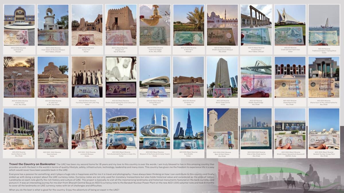 Collage of all 30 landmarks and icons featured on the UAE banknotes captured by Ranjith Kutti Poyil within eight months.