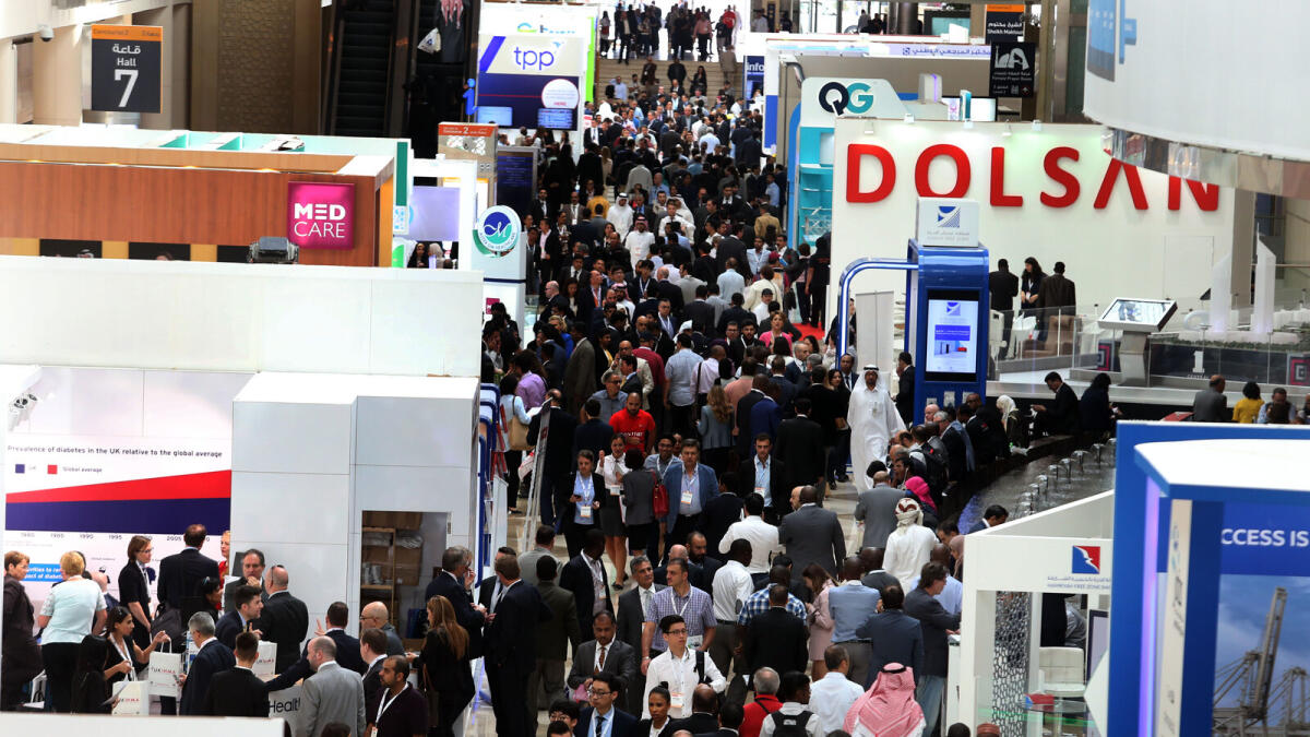 A view of the crowd on the first day of Arab Health 2018 at the Dubai World Trade Centre. .  Photo by Dhes Handumon