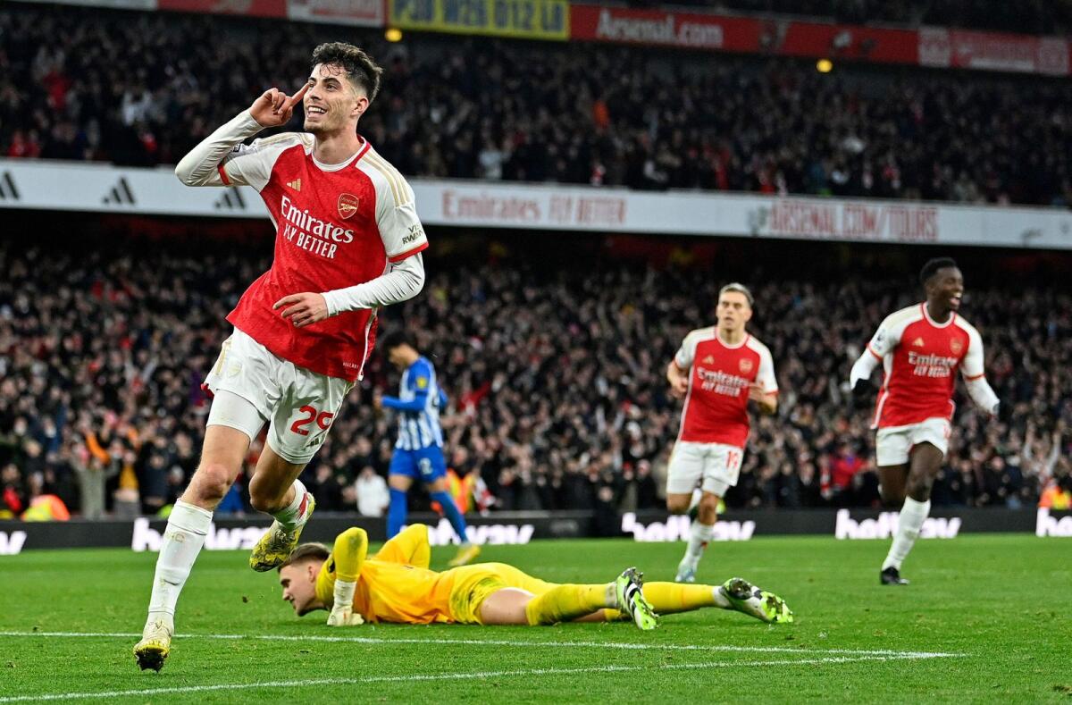 Arsenal's German midfielder Kai Havertz celebrates scoring the team's second goal during the English Premier League football match between Arsenal and Brighton and Hove Albion at the Emirates Stadium in London on Sunday. - AFP
