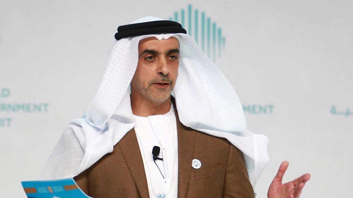 Lieutenant General Sheikh Saif bin Zayed Al Nahyan, Deputy Prime Minister and Minister of Interior addressing the topic, The Land of Inspiration and opportunities at the World Government Summit in Dubai.-Photo by Shihab