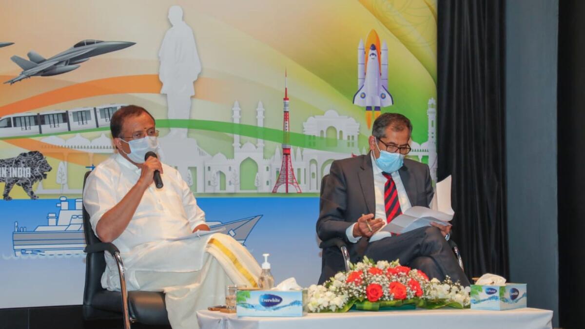 V Muraleedharan with Pavan Kapoor, Indian Ambassador to the UAE, in Abu Dhabi.
