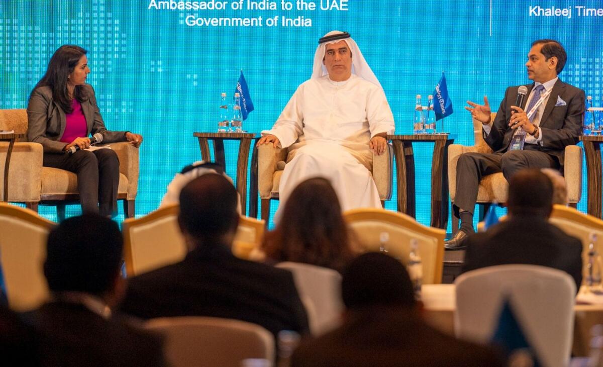 Dr. Ahmed Abdul Rahman Albanna, UAE’s Ambassador to India, Ministry of Foreign Affairs, UAE, Sunjay Sudhir, Ambassador of India to the UAE, Government of India and Anjana Sankar, Khaleej Times in conversation with Bilateral Trade between UAE and India in the UAE-India Investment Forum powered by Khaleej Times in Dubai on Tuesday. 15 March 2022. Photo by Shihab