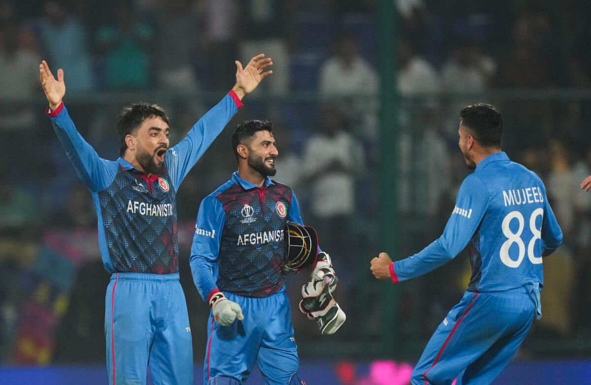 Afghanistan's Rashid Khan celebrates with teammates after taking the wicket of England's Mark Wood. — PTI