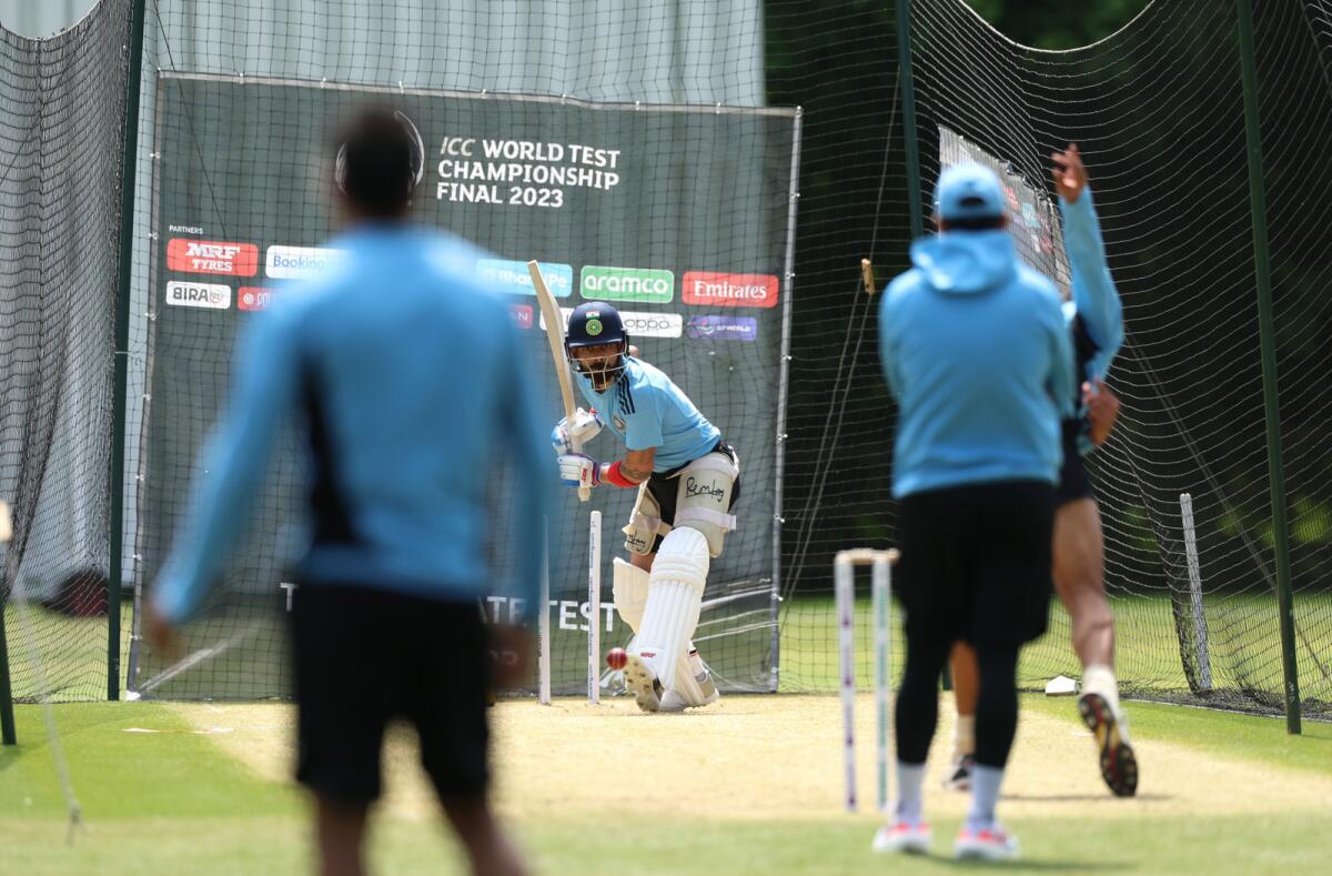Indian batsman Virat Kohli bats during a net session. — Twitter