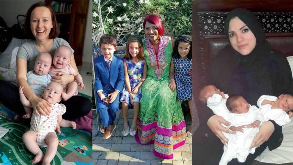 Bozena with her six-month-old triplets (left), Suman with her six-year-old triplets (middle), Fida with her three-week-old triplets (right)